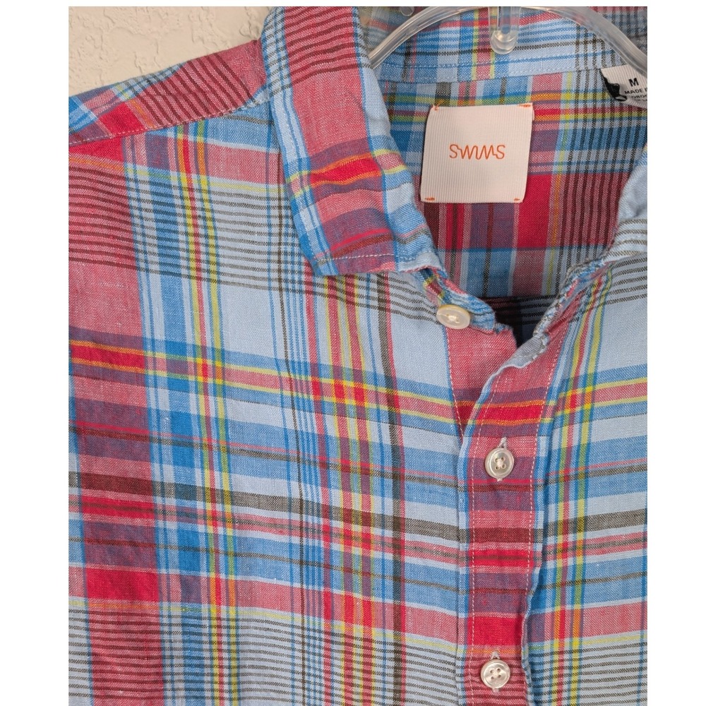 SWIMS‎ Mens Medium Plaid Linen Button Up Shirt Casual Lightweight